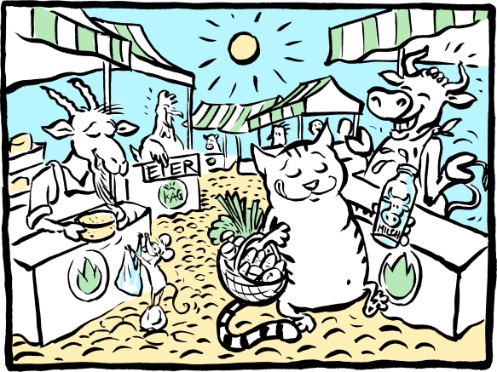Illustration mit Katze, die auf dem Markt frische Lebensmittel einkauft