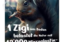 Eichhörnchen mit Zigarette dazu den Text "1 Zigi am Boden belastet die Natur mit 12000 Mikroplastik-Teilchen."."